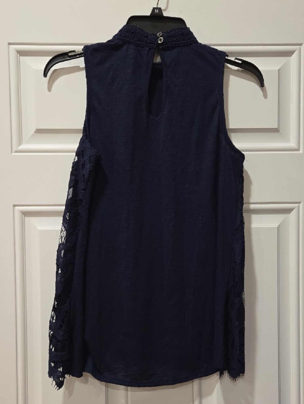 3/15$ Rewind Navy Sleeveless Lace Mock Neck Halter Top - Picture 3 of 4